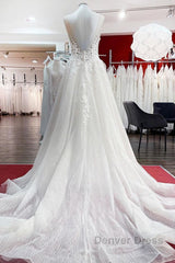Long A-line Tulle Sleevless Ruffles Jewel Wedding Dresses With Lace Appliques