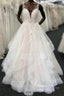 Long A-line Tulle V Neck Open Back Layered Wedding Dresses