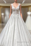 Long A Line V Neck Appliques Lace Backless Tulle Ruffles Wedding Dresses