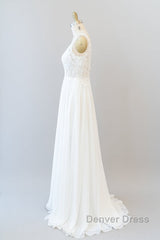 Long A-line V-neck Appliques Lace Chiffon Wedding Dresses
