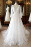 Long A Line V Neck Appliques Lace Tulle Backless Wedding Dresses with Sleeves