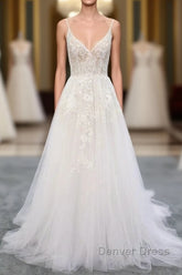 Long A-line V-neck Backless Appliques Lace Tulle Wedding Dresses