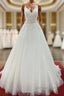 Long A Line V Neck Spaghetti Straps Backless Wedding Dresses with Lace