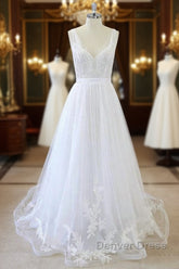 Long A-line V-neck Sweetheart Ruffle Applqiues Tulle Backless Wedding Dresses
