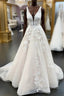 Long A-line V-neck Tulle Appliques Lace Wedding Dresses