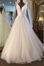 Long A-line V Neck Tulle Satin Wedding Dresses