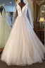 Long A Line V Neck Tulle Satin Wedding Dresses