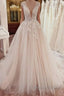 Long A Line V Neck Wide Straps Appliques Lace Tulle Wedding Dresses