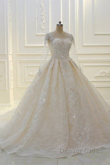 Long Ball Gown Beading Bateau Appliques Lace Wedding Dresses with Sleeves