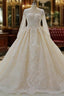 Long Ball Gowns Beading Bateau Appliques Lace Wedding Dresses with Sleeves