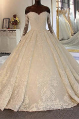 Long Ball Gown Sweetheart Lace Beading Wedding Dresses with Sleeves