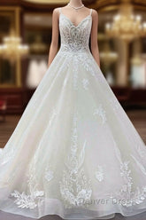 Long Ball Gown V-neck Spaghetti Straps Tulle Lace Wedding Dresses