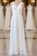 Long Empire A-line V-neck Lace Chiffon Open Back Wedding Dresses