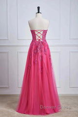 Long Fuchsia Prom Dresses Strapless A-Line Floral Formal Wear Slit
