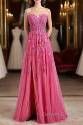 Long Fuchsia Prom Dresses Strapless A-Line Floral Formal Wear Slit