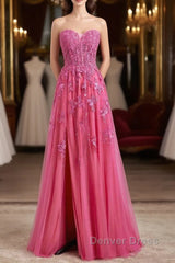 Long Fuchsia Prom Dresses Strapless A-Line Floral Formal Wear Slit
