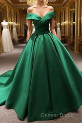 Long Green Satin V-neck Ball Gowns Prom Dresses Off The Shoulder