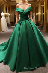 Long Green Satin V-neck Ball Gowns Prom Dresses Off The Shoulder