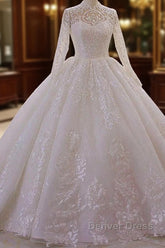 Long High neck Appliques Lace Ball Gown Wedding Dresses with Sleeves