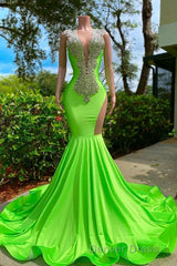 Long Mermaid Deep Sequined V-neck Stretch Satin Backless Prom Dresses with Appliques
