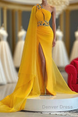 Long Mermaid One Shoulder Beading Tulle Prom Dresses with Slit