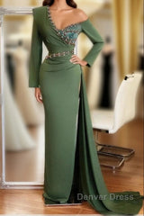 Long Mermaid One Shoulder Front Slit Prom Dresses With Sleeves