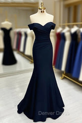 Long Mermaid Prom Dresses Navy Blue Off-the-shoulder Sweetheart Sleeveless