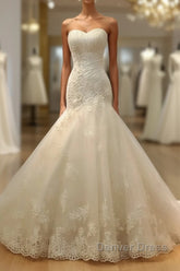 Long Mermaid Strapless Court Train Lace Organza Wedding Dresses