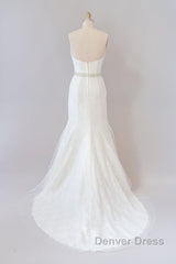 Long Mermaid Strapless Tulle Lace Wedding Dresses