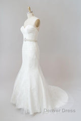 Long Mermaid Strapless Tulle Lace Wedding Dresses