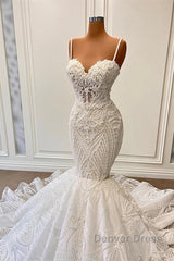 Long Mermaid Sweetheart Spaghetti Straps Tulle Beading Wedding Dresses with Ruffles