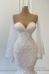 Long Mermaid Sweetheart Strapless Pearls Beadings Lace Wedding Dresses with Sleeves