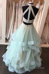 Long Open Back Mint Two Piece High Neck Organza Prom Dresses
