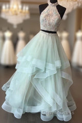 Long Open Back Mint Two Piece High Neck Organza Prom Dresses