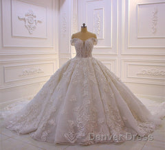 Long Princess Sweetheart Off-the-Shoulder Backless Appliques Lace Ruffles Tulle Wedding Dresses