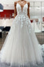 Long Princess Tulle V Neck Sequins Lace Appliques Wedding Dresses