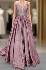 Long Prom Dresses Glitter V Neck With Pockets