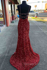 Long Prom Dresses Red Sequins Beaded Mermaid Evening Dresses Straps