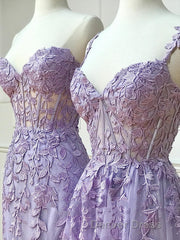 Long Purple Lace Prom Dresses,Unique A Line Formal Evening Dresses
