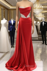 Long Red Mermaid Satin Strapless With Lace Embroidery