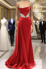 Long Red Mermaid Satin Strapless With Lace Embroidery