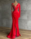 Long Red Satin Prom Dress, Sheer Neckline Long Sleeve Beaded African High Slit Women Prom Dresses
