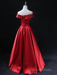Long Red Satin Prom Dresses Off The Shoulder Evening Gowns