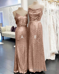 Long Rose Gold Bridesmaid Dresses Spaghetti Strap