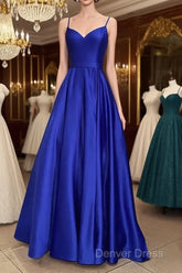 Long Royal Blue V Neck Prom Dresses Spaghetti Strap