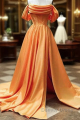 Long Satin Corset Prom Dresses Off The Shoulder Side Split