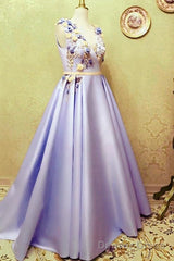 Long Satin Empire Prom Dresses V Neck 3D Flowers Embroidery