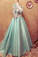 Long Satin Empire Prom Dresses V Neck 3D Flowers Embroidery