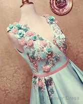 Long Satin Empire Prom Dresses V Neck 3D Flowers Embroidery