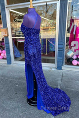 Long Sequin Prom Dresses Royal Blue Formal Dresses One-Shoulder